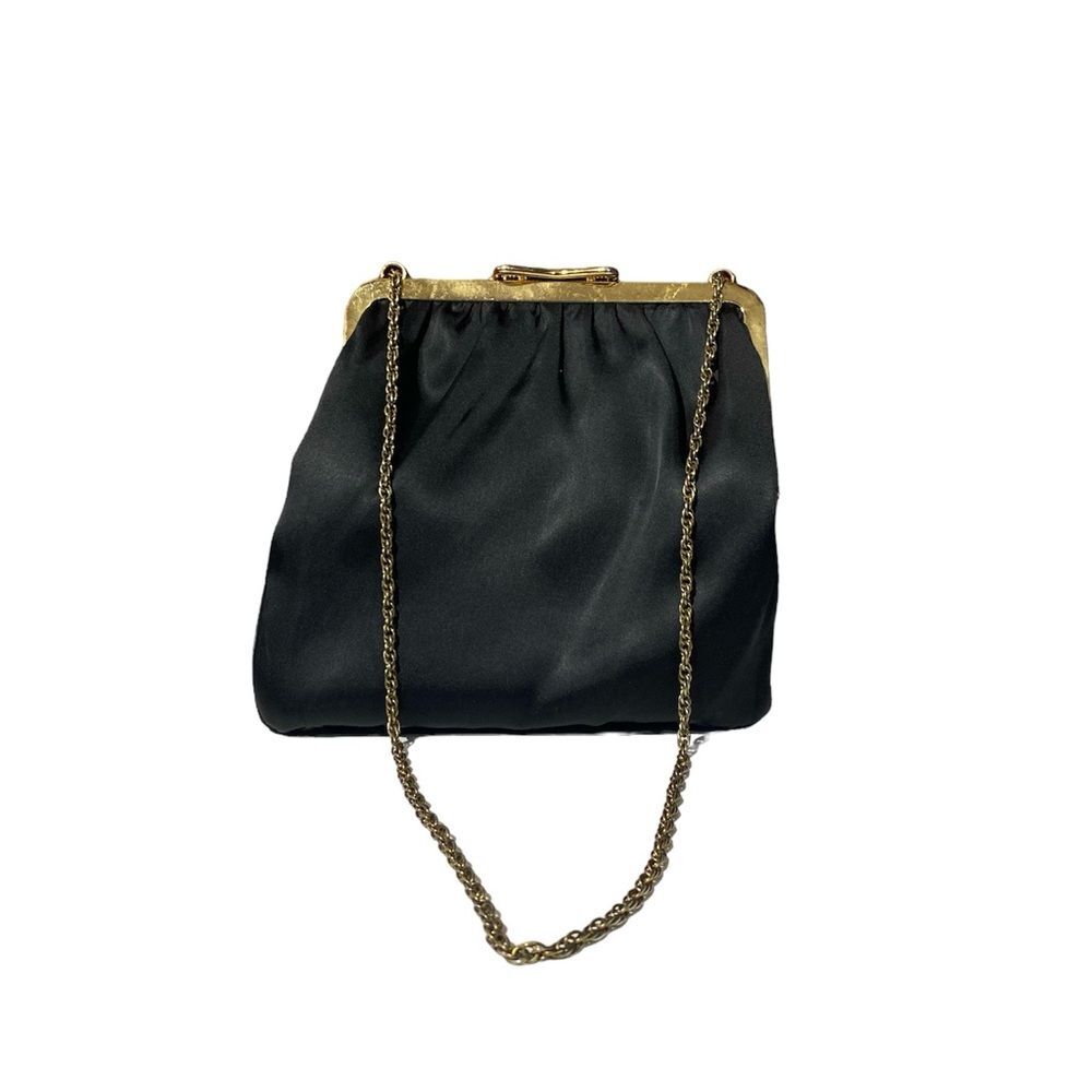 Women's Vintage Satin Black & Gold Hand Bag/ Shoulder Bag W/ Gold Chain Strap